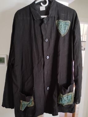 Black Button-Down Women's Shirt with Green Patch Accents